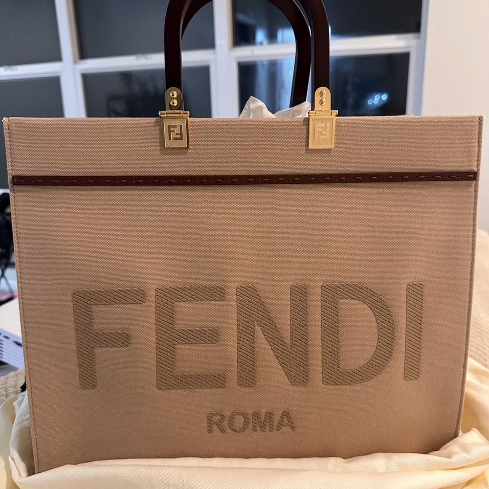 Fendi Beige Canvas Shopper with Brown Handles